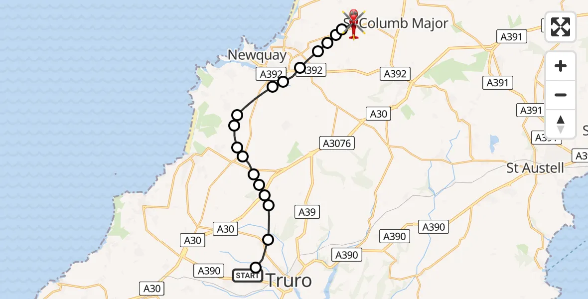 Flight route Air Ambulance Helicopter Treliske Hospital - Cornwall Airport Newquay, 25 August 2026, 15:30