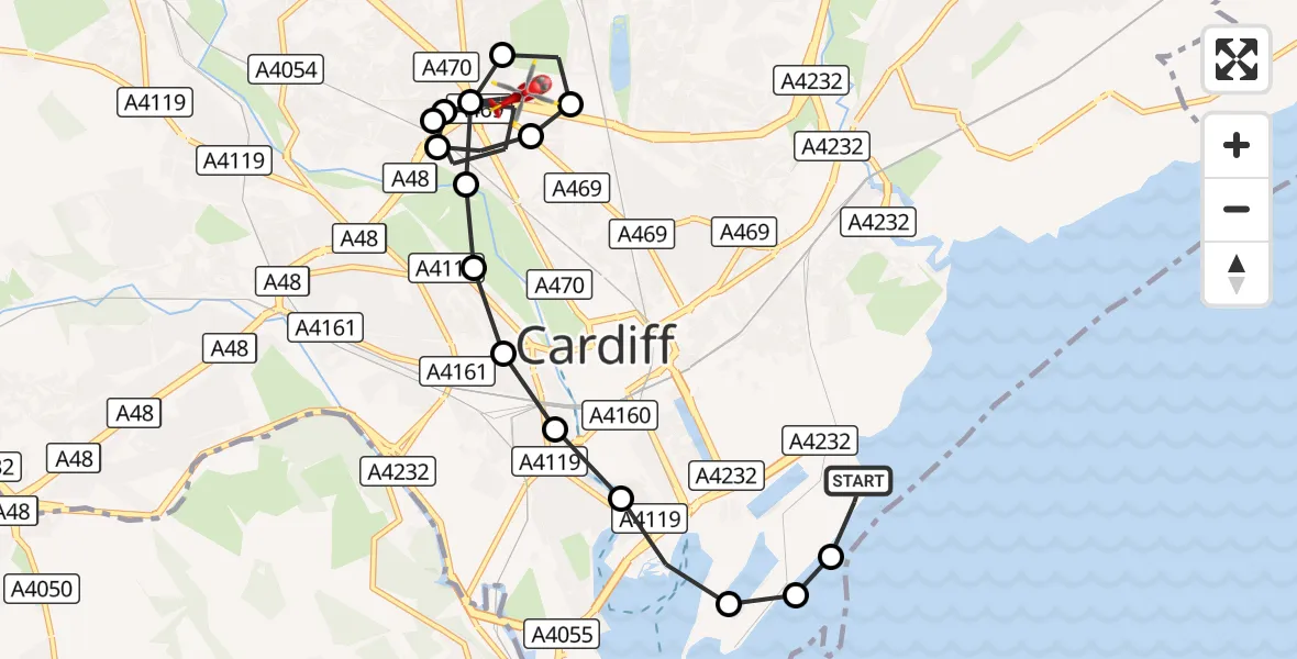 Flight route Air Ambulance Helicopter Cardiff Heliport - Gabalfa, 25 August 2026, 15:38