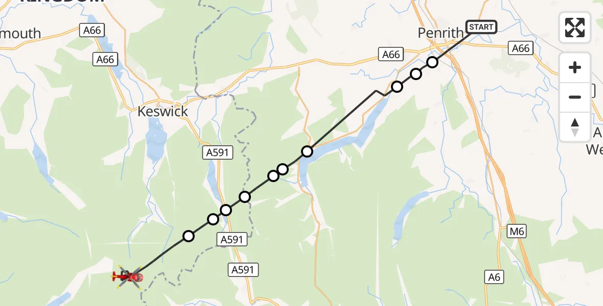 Flight route Air Ambulance Helicopter Penrith - Borrowdale, 25 August 2026, 15:38