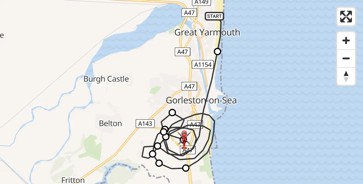Flight route Air Ambulance Helicopter Great Yarmouth - James Paget Hospital, 25 August 2026, 15:48