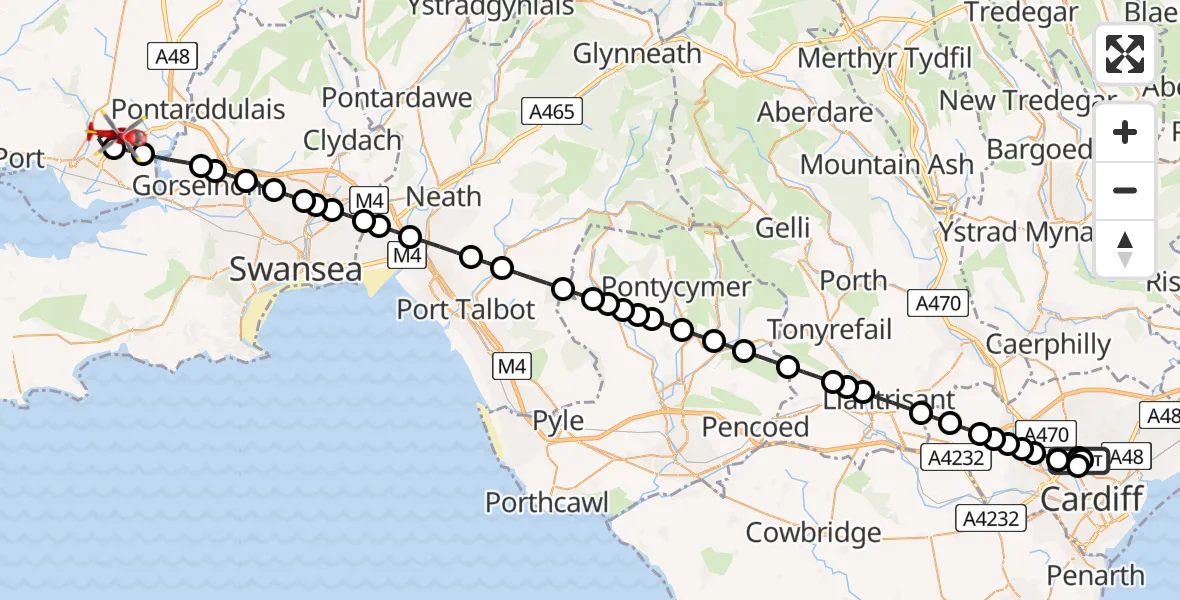 Flight route Air Ambulance Helicopter Birchgrove - Dafen, 25 August 2026, 16:04