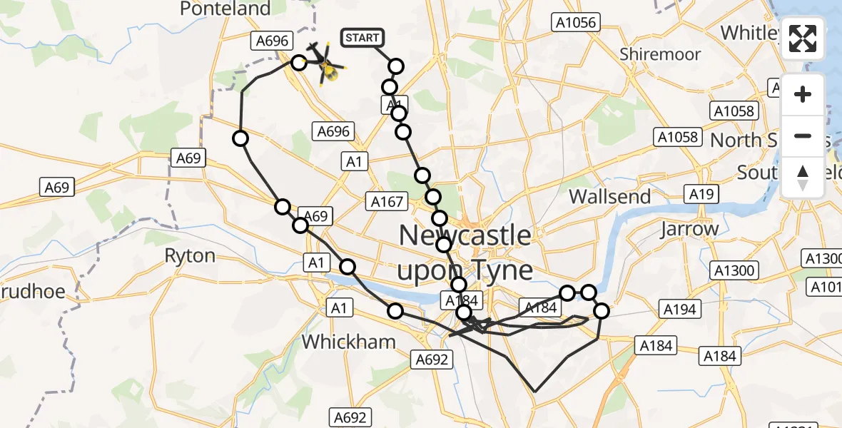 Flight route Police Helicopter Newcastle International Airport - Woolsington, 25 August 2026, 16:17