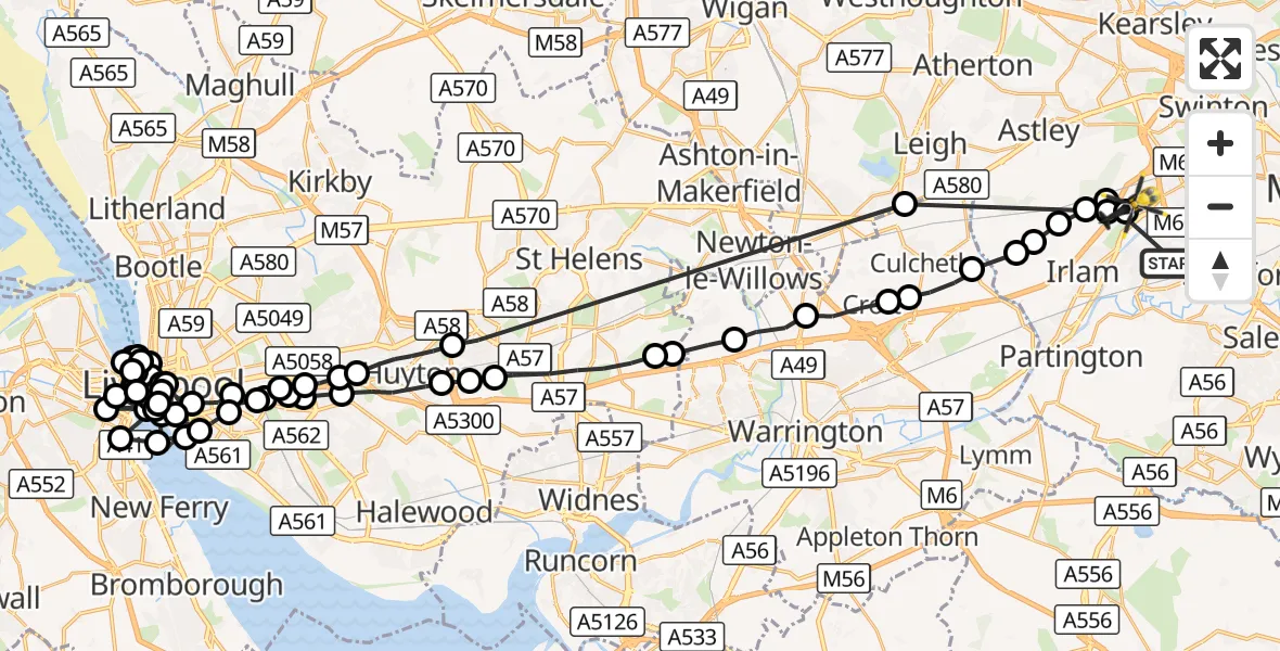 Flight route Police Helicopter Urmston - Manchester Barton Aerodrome, 25 August 2026, 16:18