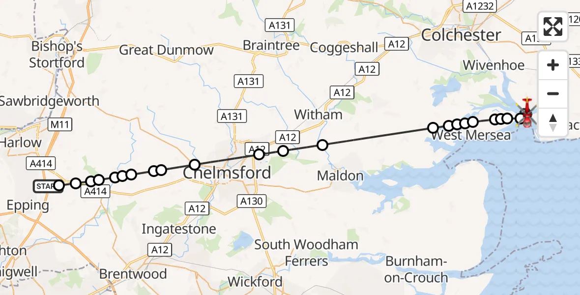 Flight route Air Ambulance Helicopter North Weald Airfield - Brightlingsea, 25 August 2026, 16:24