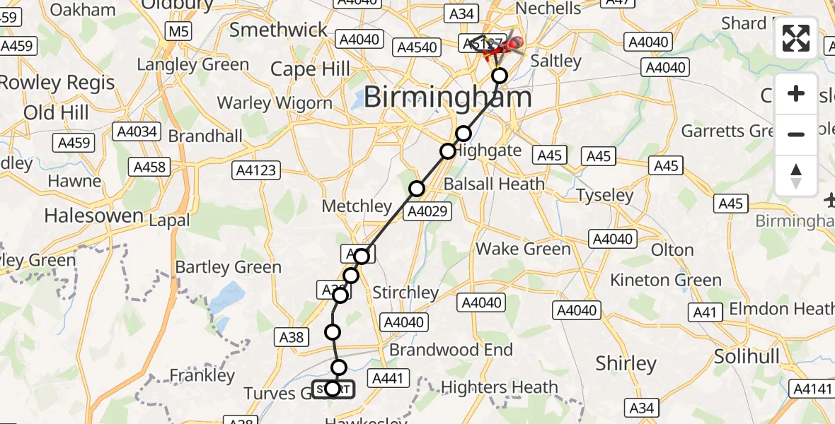 Flight route Air Ambulance Helicopter Turves Green - Vauxhall, 25 August 2026, 16:39