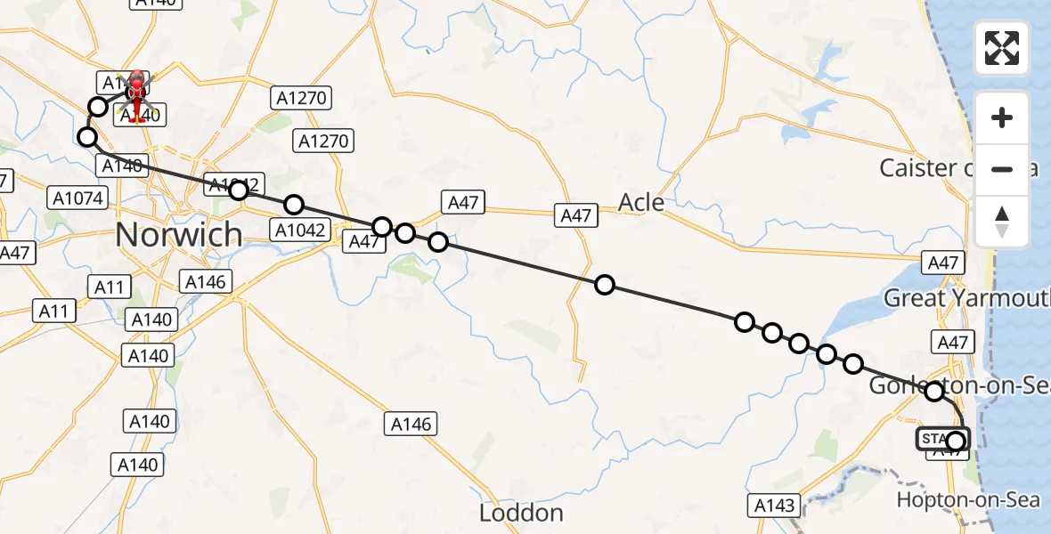 Flight route Air Ambulance Helicopter James Paget Hospital - Norwich Airport, 25 August 2026, 16:43