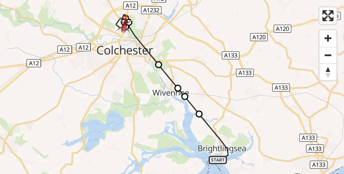 Flight route Air Ambulance Helicopter Brightlingsea - Colchester Hospital, 25 August 2026, 17:12