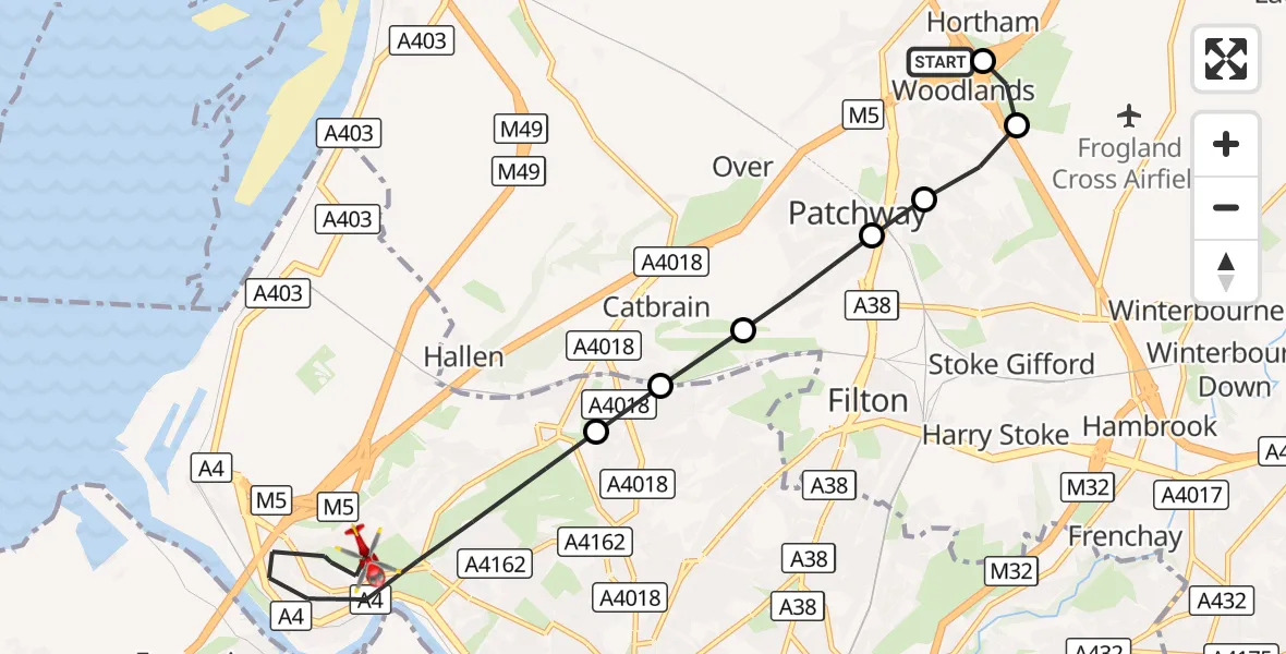 Flight route Air Ambulance Helicopter Almondsbury Helicopter Base - Bristol, 25 August 2026, 17:13