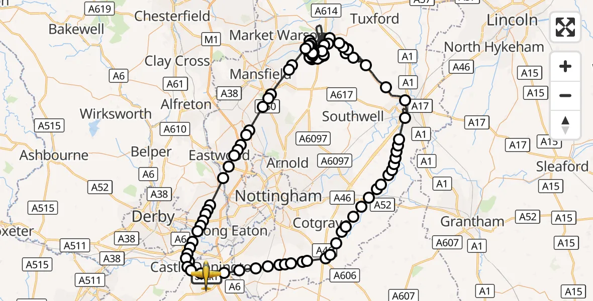 Flight route Police Aircraft East Midlands Airport - East Midlands Airport, 25 August 2026, 17:14