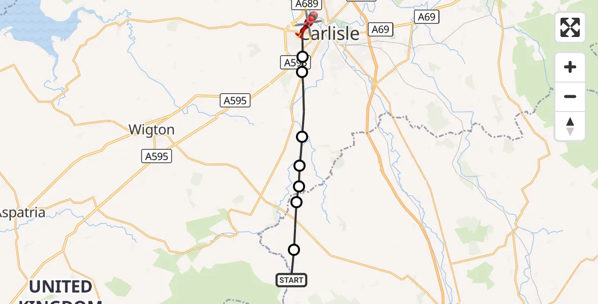 Flight route Air Ambulance Helicopter Mungrisdale - Carlisle, 25 August 2026, 17:15