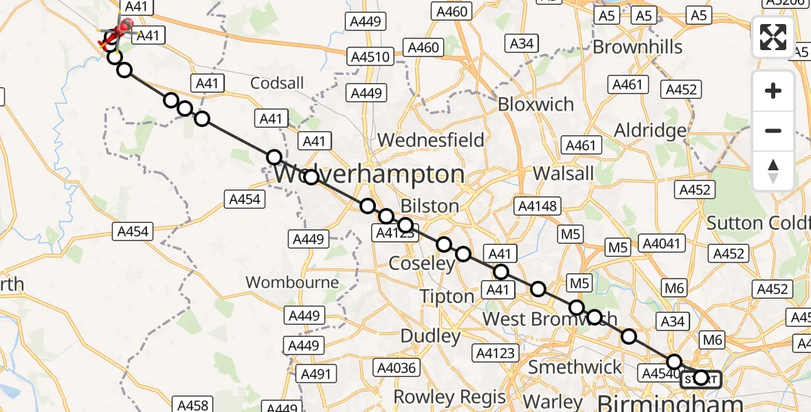 Flight route Air Ambulance Helicopter Nechells - Shifnal, 25 August 2026, 17:21