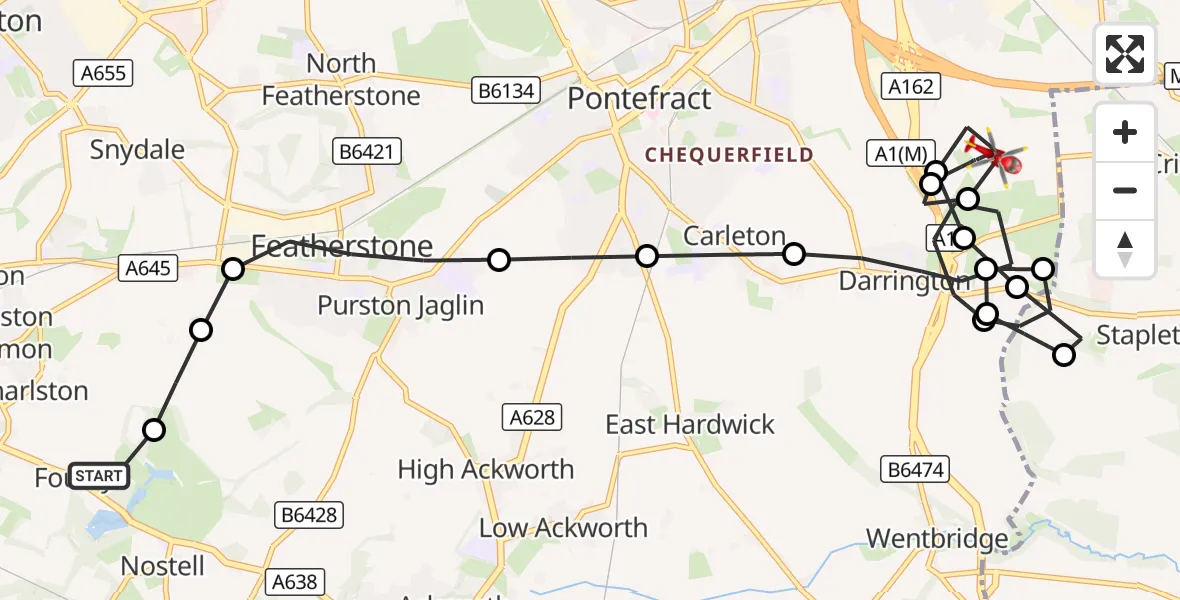 Flight route Air Ambulance Helicopter YAA Nostell Helicopter Port - Knottingley, 25 August 2026, 17:27