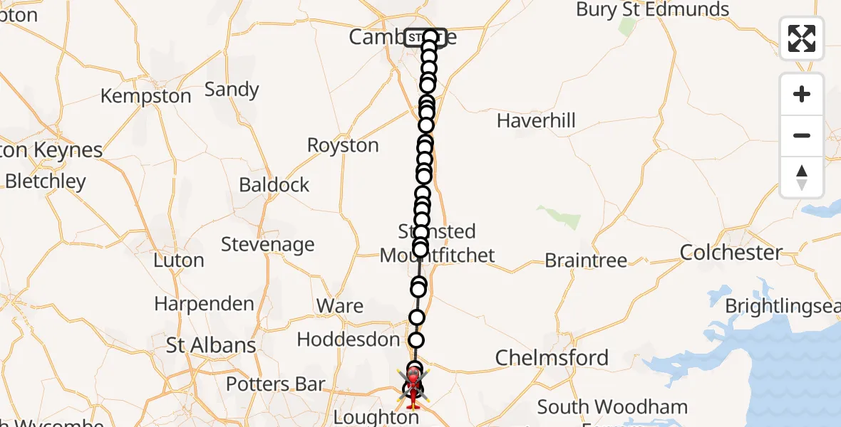 Flight route Air Ambulance Helicopter Cambridge City Airport - Coopersale Street, 25 August 2026, 17:30