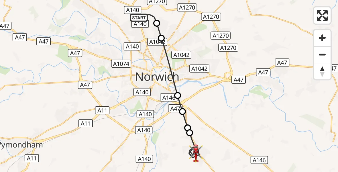 Flight route Air Ambulance Helicopter Norwich Airport - Poringland, 25 August 2026, 17:38