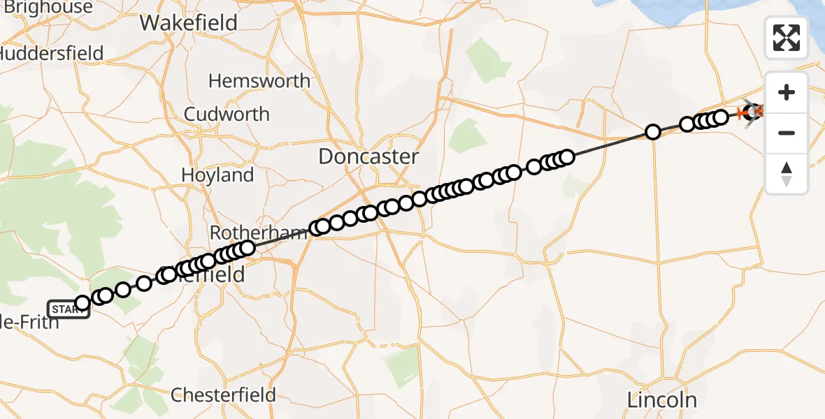Flight route Coastguard Helicopter Hope - Humberside Airport, 25 August 2026, 17:40
