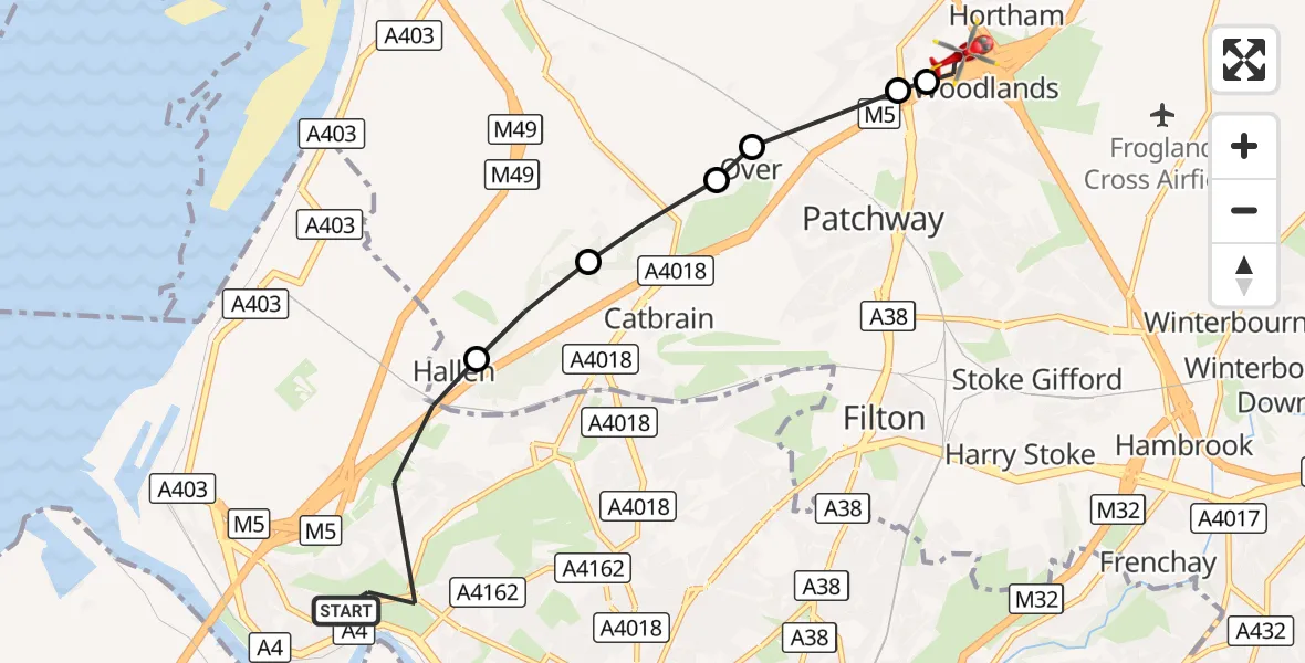 Flight route Air Ambulance Helicopter Bristol - Almondsbury Helicopter Base, 25 August 2026, 17:49