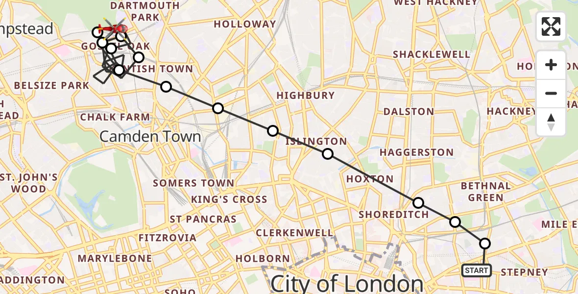 Flight route Air Ambulance Helicopter Royal London Hospital - Dartmouth Park, 25 August 2026, 17:55