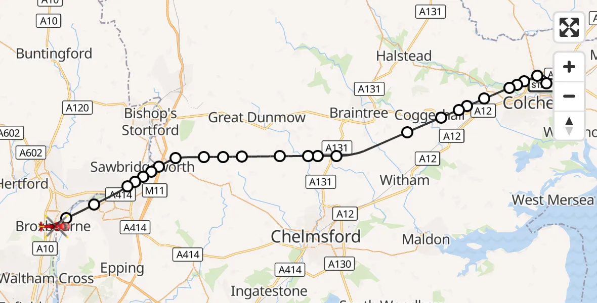 Flight route Air Ambulance Helicopter Colchester Hospital - Hoddesdon, 25 August 2026, 17:58