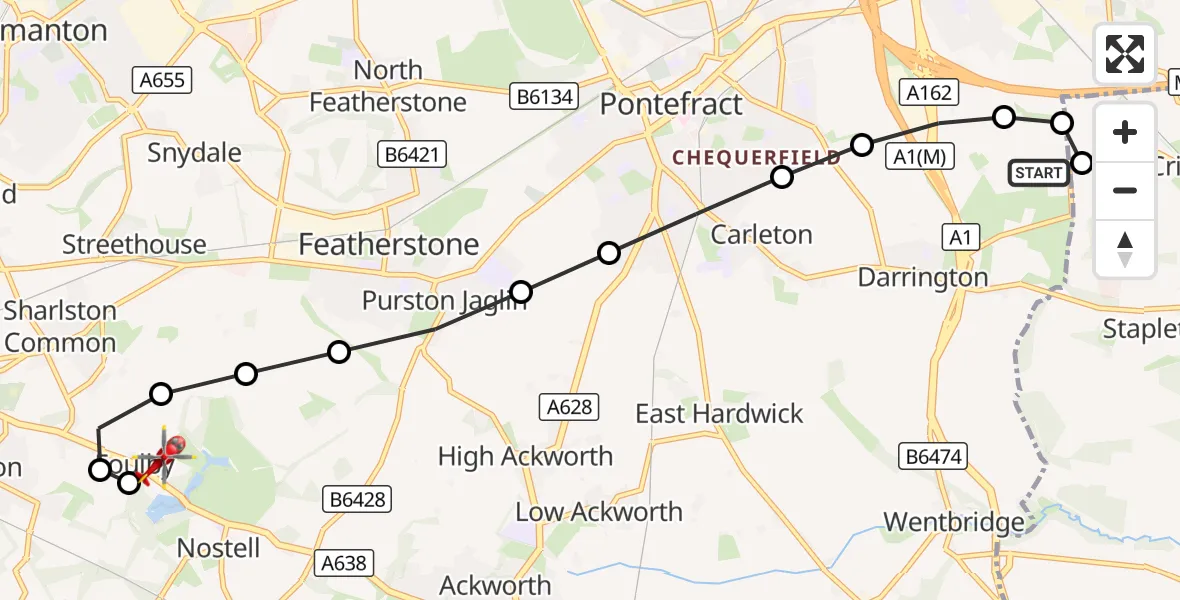 Flight route Air Ambulance Helicopter Darrington - YAA Nostell Helicopter Port, 25 August 2026, 18:23