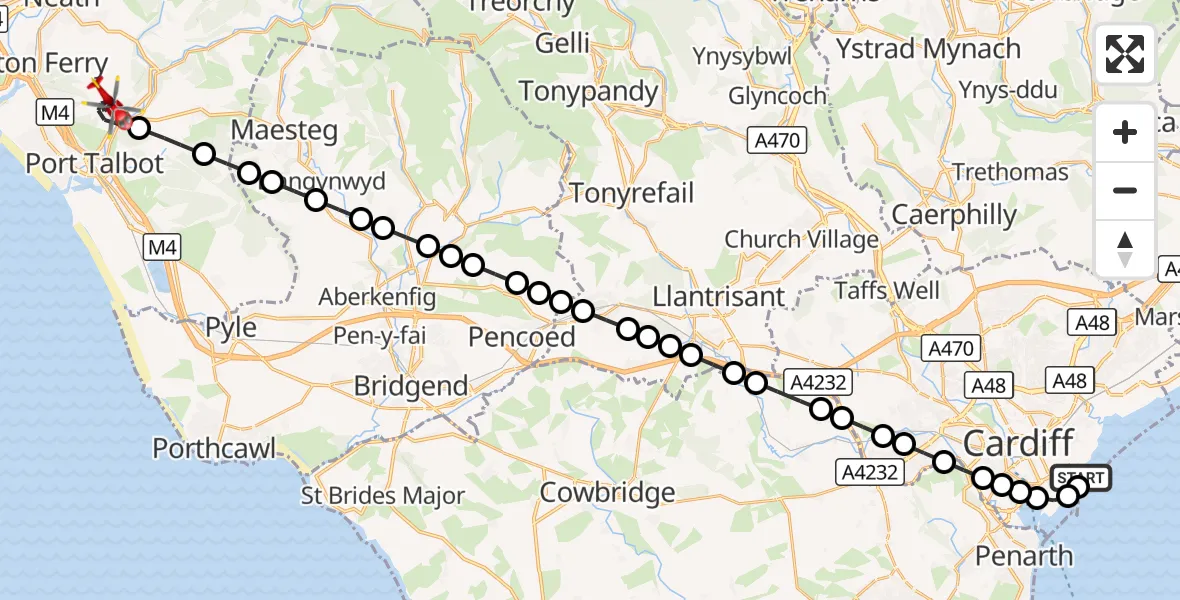 Flight route Air Ambulance Helicopter Cardiff Heliport - Cwmavon, 25 August 2026, 18:25