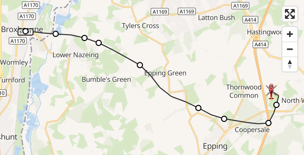 Flight route Air Ambulance Helicopter Broxbourne - North Weald Airfield, 25 August 2026, 18:32