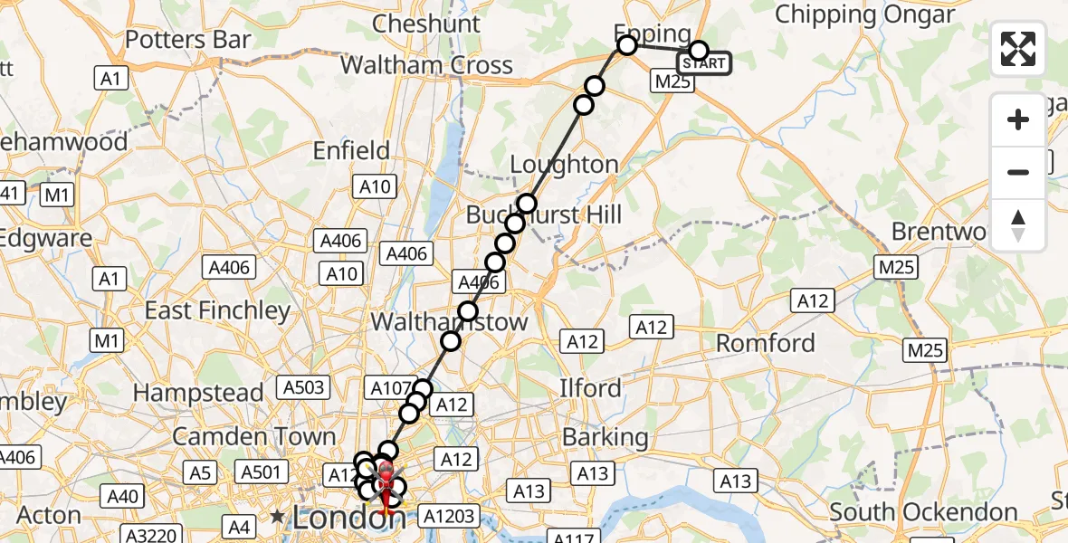 Flight route Air Ambulance Helicopter Coopersale Street - Royal London Hospital, 25 August 2026, 18:39