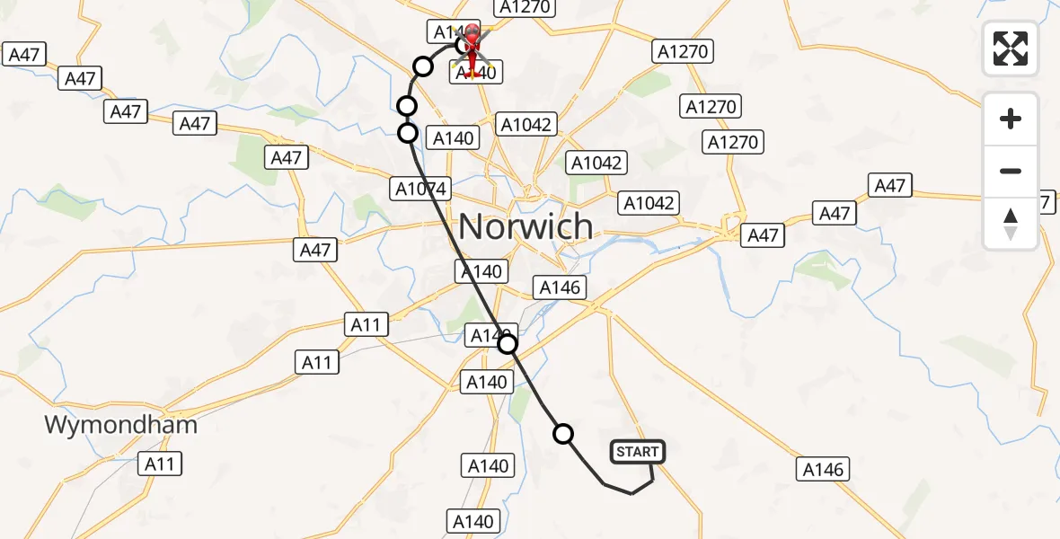 Flight route Air Ambulance Helicopter Poringland - Norwich Airport, 25 August 2026, 18:42