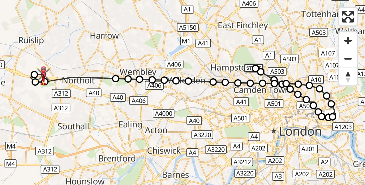 Flight route Air Ambulance Helicopter Gospel Oak - RAF Northolt, 25 August 2026, 18:46