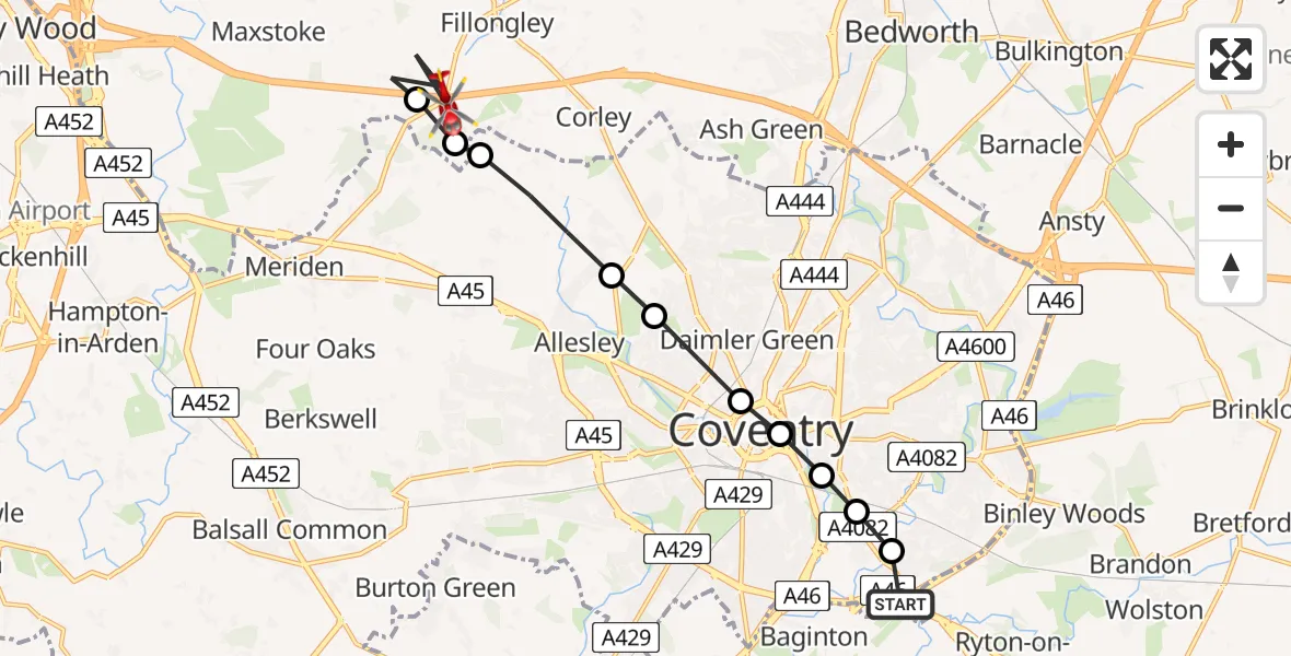 Flight route Air Ambulance Helicopter Coventry Airport - Fillongley CP, 25 August 2026, 18:57
