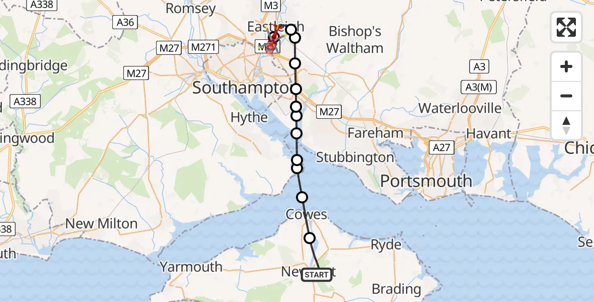 Flight route Air Ambulance Helicopter Newport - Southampton Airport, 25 August 2026, 18:59