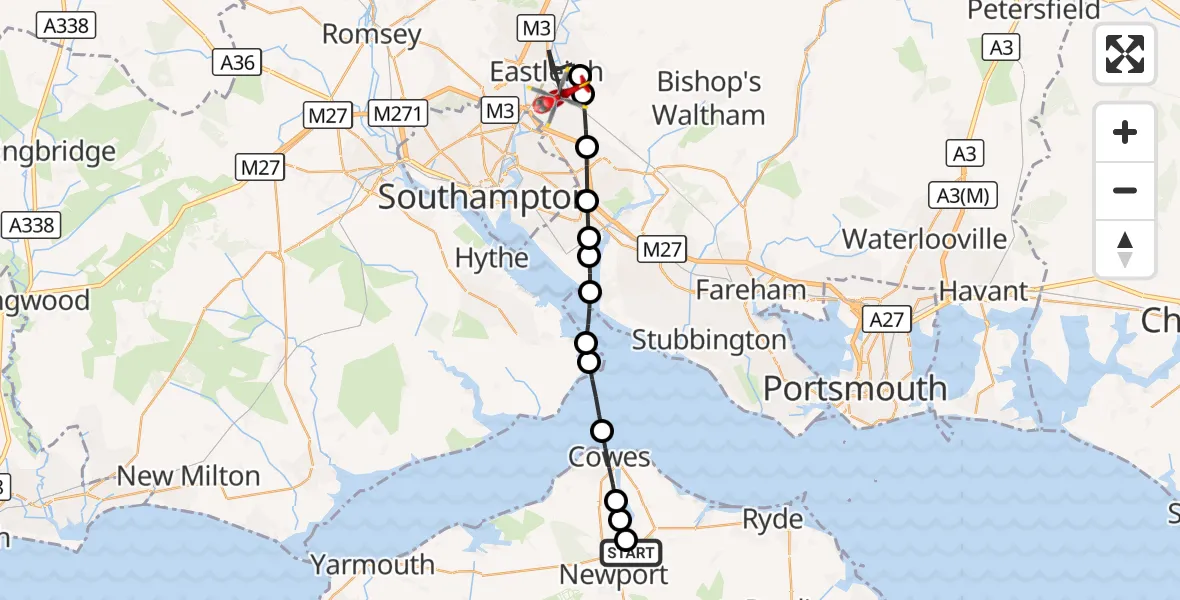 Flight route Air Ambulance Helicopter Newport - Eastleigh, 25 August 2026, 19:00
