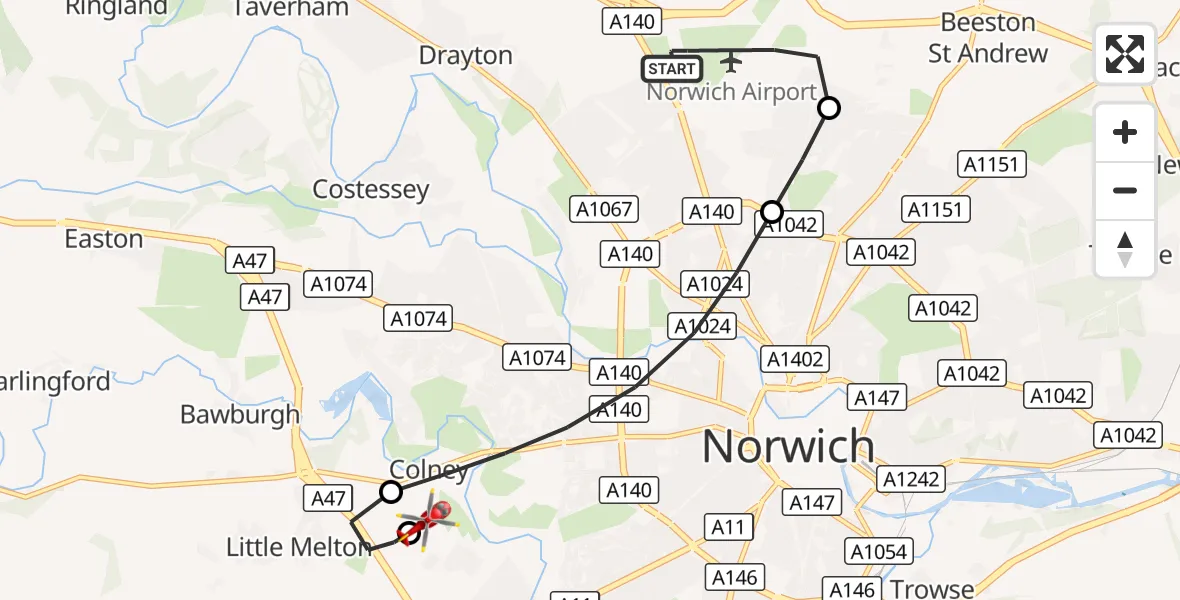 Flight route Air Ambulance Helicopter Norwich Airport - Norfolk & Norwich Hospital, 25 August 2026, 19:11