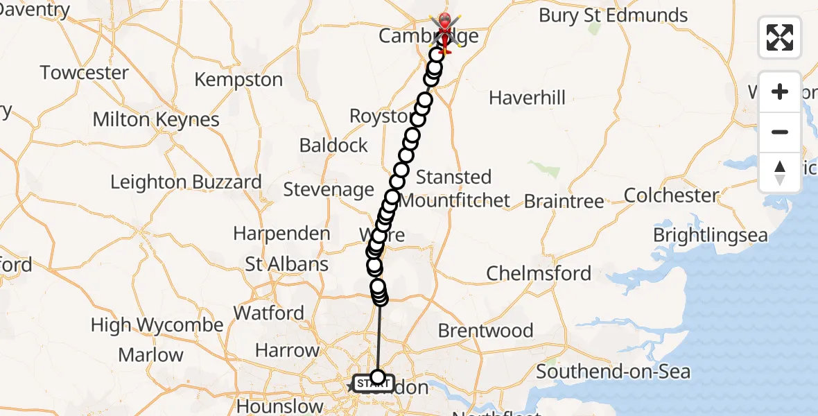 Flight route Air Ambulance Helicopter Royal London Hospital - Cambridge City Airport, 25 August 2026, 19:23
