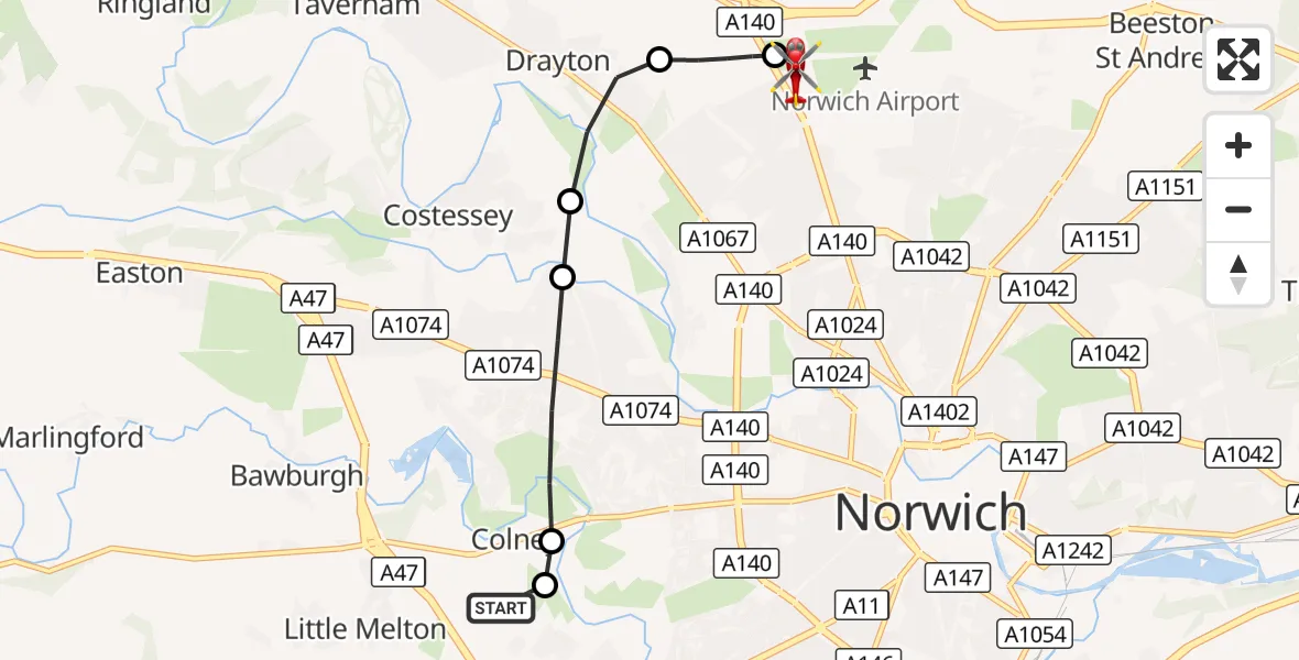 Flight route Air Ambulance Helicopter Norfolk & Norwich Hospital - Norwich Airport, 25 August 2026, 19:32