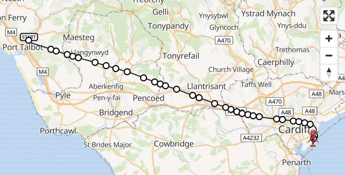Flight route Air Ambulance Helicopter Cwmavon - Cardiff Heliport, 25 August 2026, 19:32