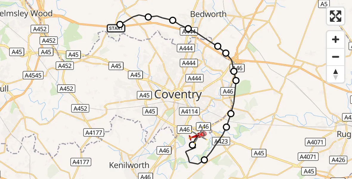 Flight route Air Ambulance Helicopter Fillongley CP - Coventry Airport, 25 August 2026, 19:47