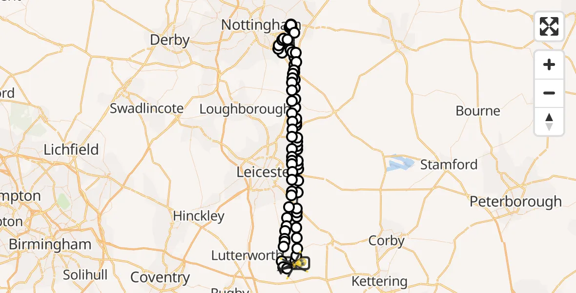 Flight route Police Helicopter Husbands Bosworth Airfield - Harborough, 25 August 2026, 19:55
