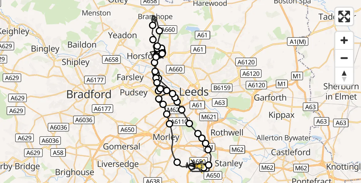 Flight route Police Helicopter Wrenthorpe - Ossett, 25 August 2026, 22:31