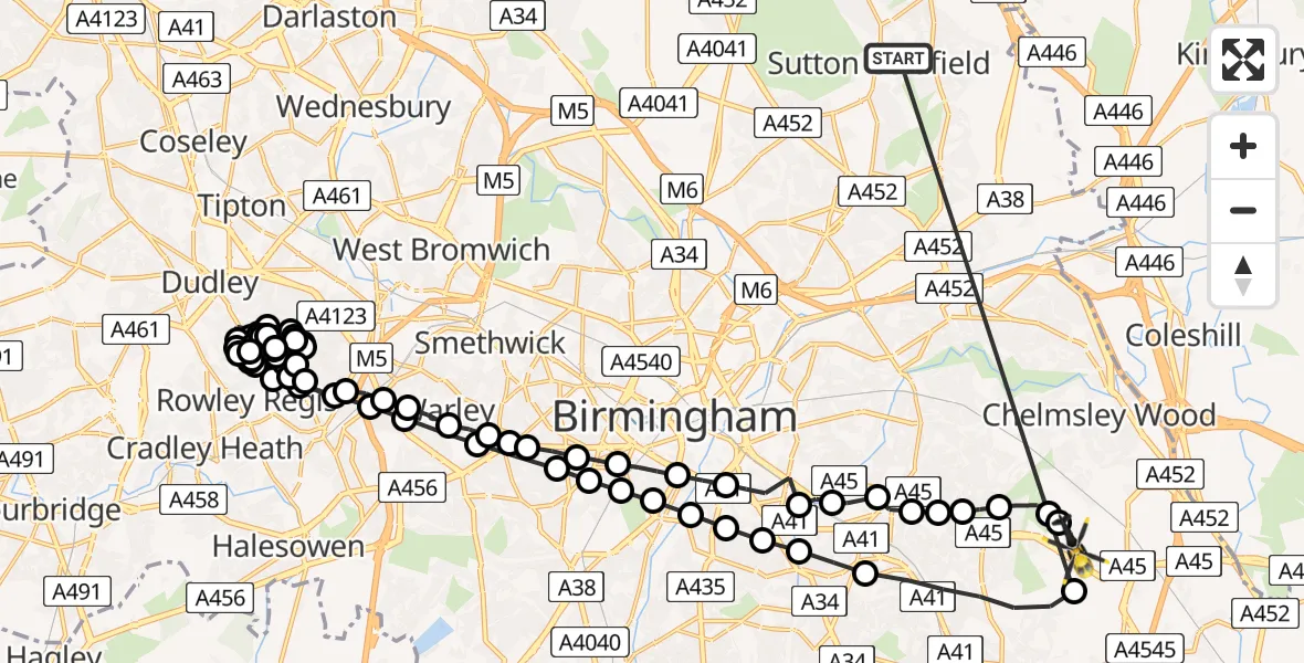 Flight route Police Helicopter Sutton Coldfield - Solihull, 26 August 2026, 01:15