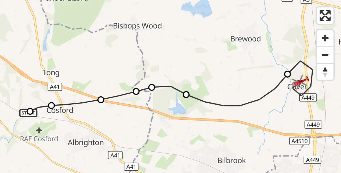 Flight route Air Ambulance Helicopter RAF Cosford - Coven, 26 August 2026, 06:30