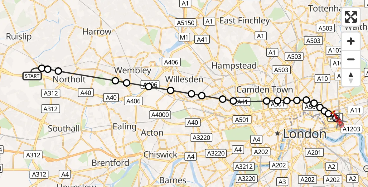 Flight route Air Ambulance Helicopter RAF Northolt - Royal London Hospital, 26 August 2026, 07:01