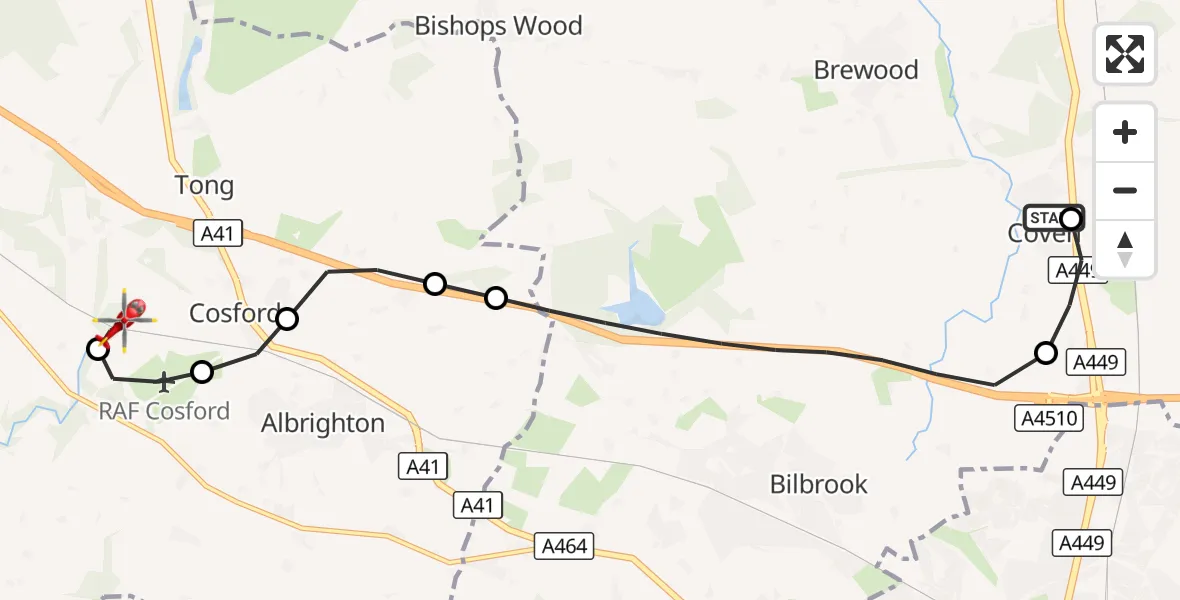 Flight route Air Ambulance Helicopter Coven - Shifnal, 26 August 2026, 07:05