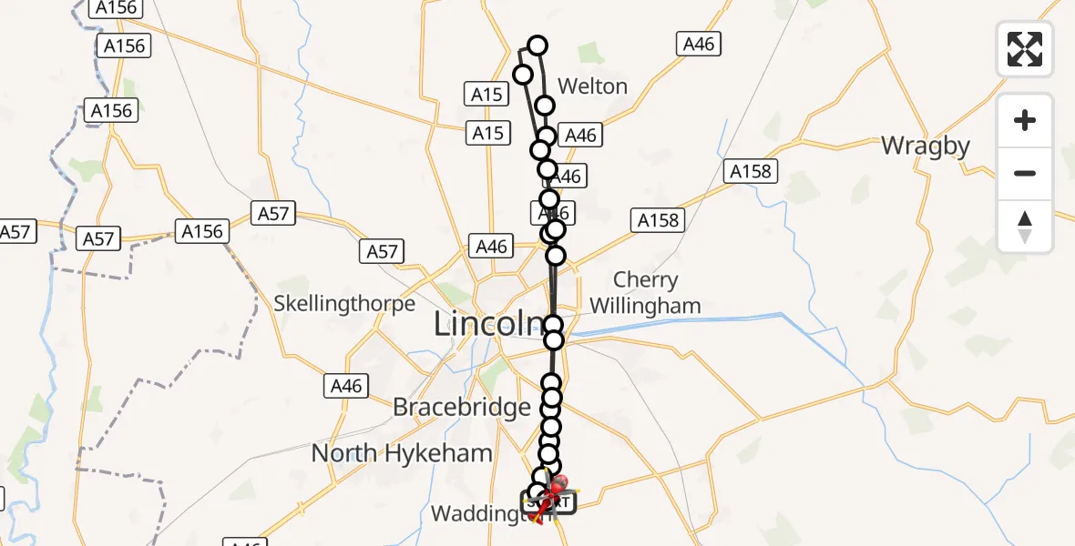 Flight route Air Ambulance Helicopter RAF Waddington - North Kesteven, 26 August 2026, 07:35