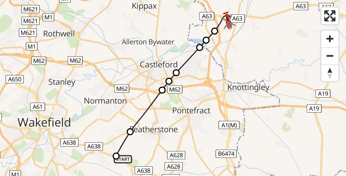 Flight route Air Ambulance Helicopter YAA Nostell Helicopter Port - Fairburn, 26 August 2026, 07:44