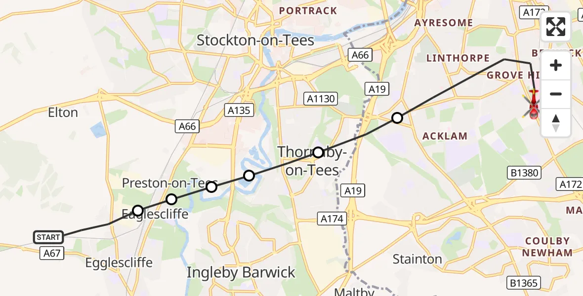 Flight route Air Ambulance Helicopter Egglescliffe - James Cook University Hospital, 26 August 2026, 07:52