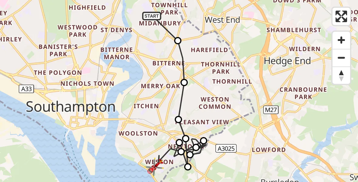 Flight route Air Ambulance Helicopter Midanbury - Newtown, 26 August 2026, 07:56