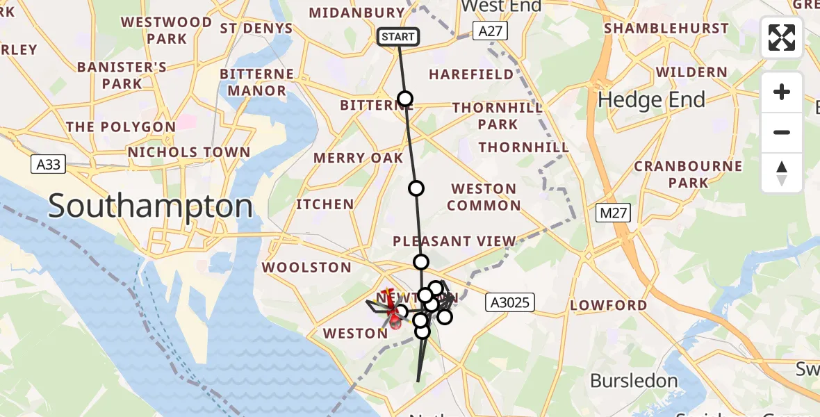 Flight route Air Ambulance Helicopter Townhill Park - Newtown, 26 August 2026, 07:57
