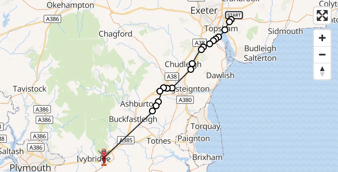 Flight route Air Ambulance Helicopter Clyst Honiton - Bittaford, 26 August 2026, 08:07