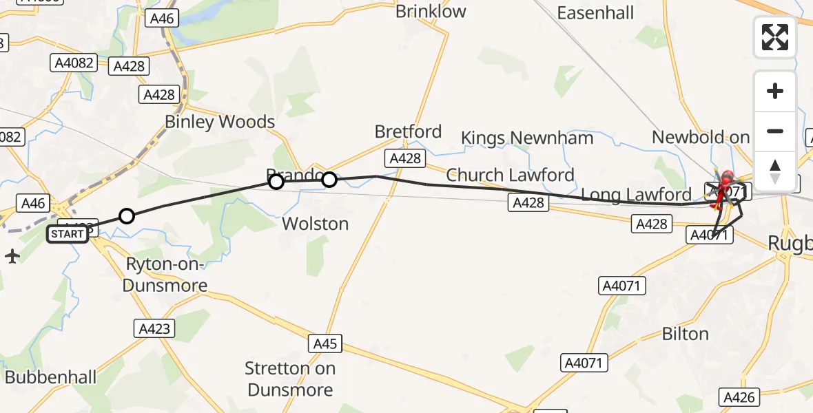 Flight route Air Ambulance Helicopter Coventry Airport - Rugby, 26 August 2026, 08:32