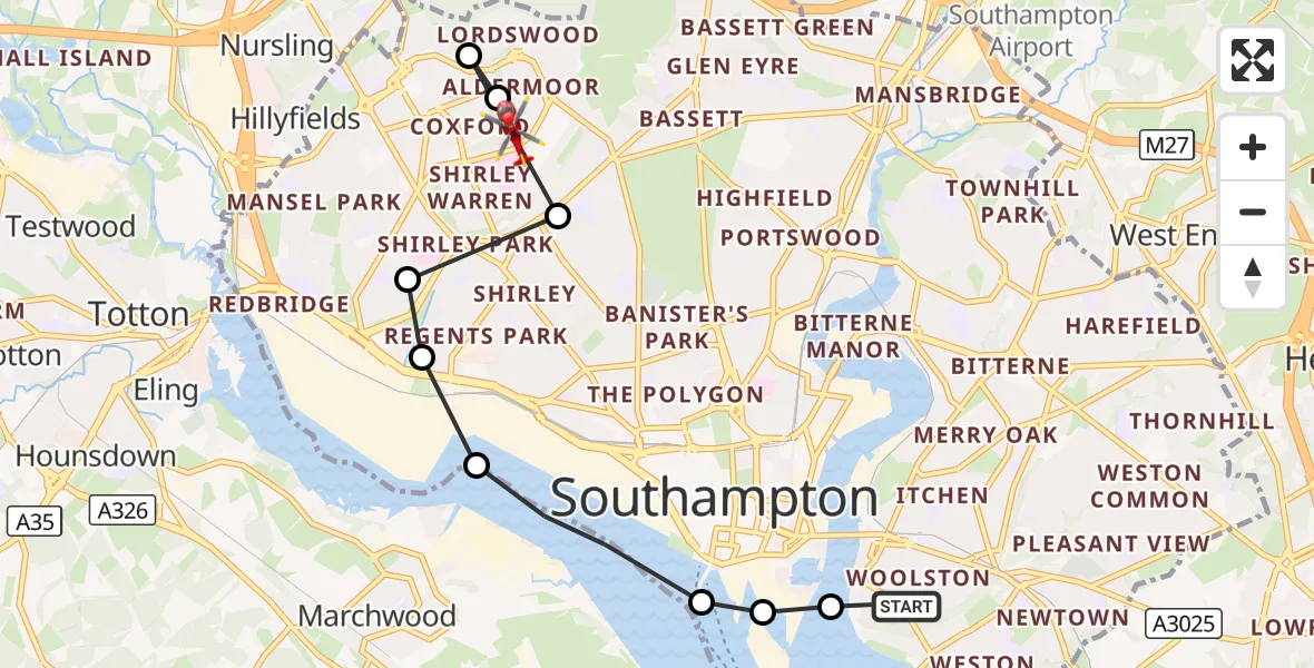 Flight route Air Ambulance Helicopter Woolston - Aldermoor, 26 August 2026, 08:35